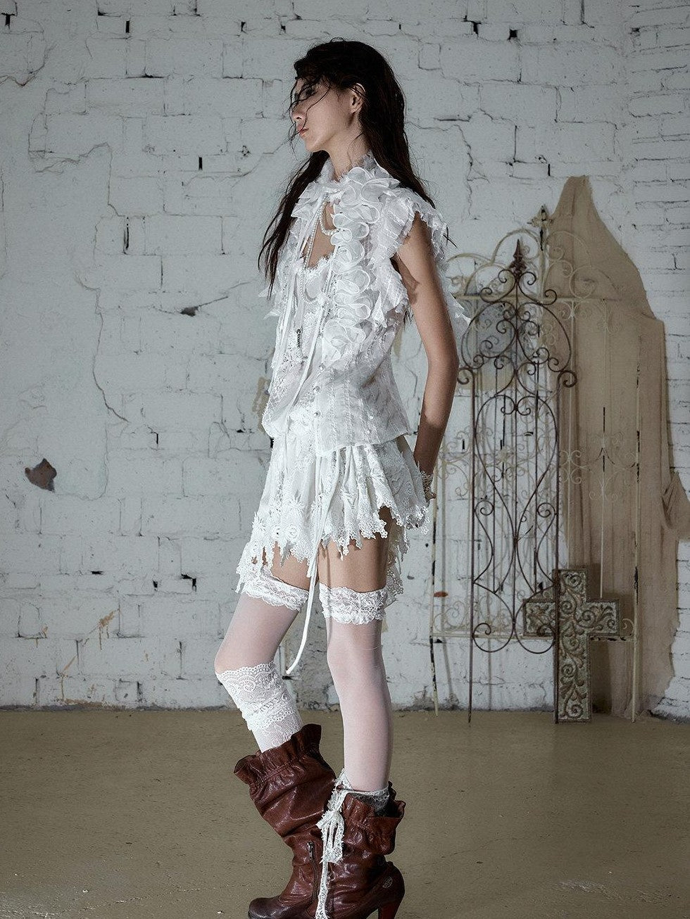 NO ROMANCE Regal Ruffled Sequin Spliced Tie Neck Cinched Waist Women&
