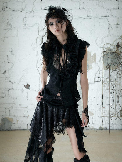 NO ROMANCE Regal Ruffled Sequin Spliced Tie Neck Cinched Waist Women&