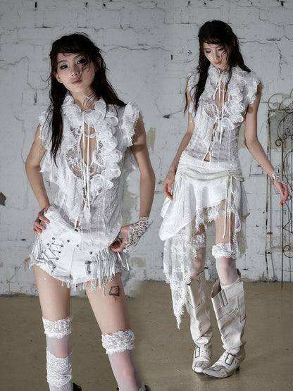 NO ROMANCE Regal Ruffled Sequin Spliced Tie Neck Cinched Waist Women&