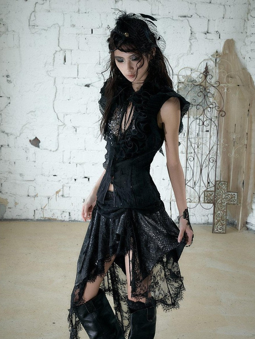 NO ROMANCE Regal Ruffled Sequin Spliced Tie Neck Cinched Waist Women&