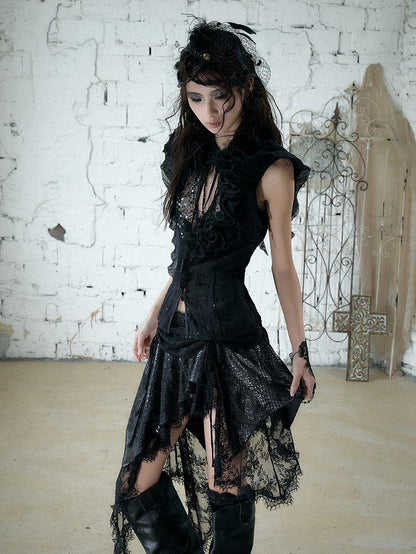 NO ROMANCE Regal Ruffled Sequin Spliced Tie Neck Cinched Waist Women&