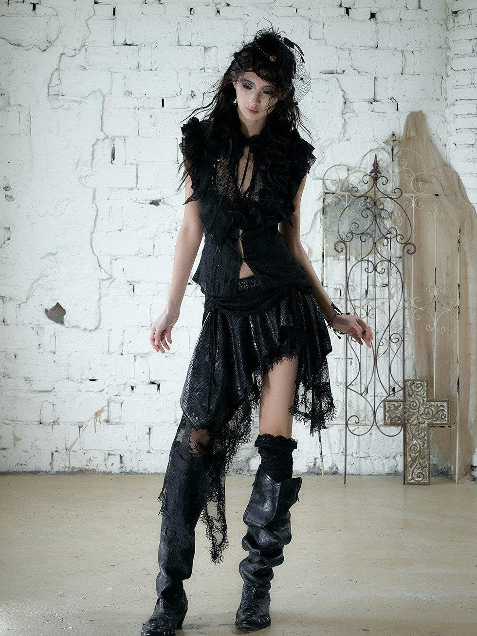 NO ROMANCE Regal Ruffled Sequin Spliced Tie Neck Cinched Waist Women&