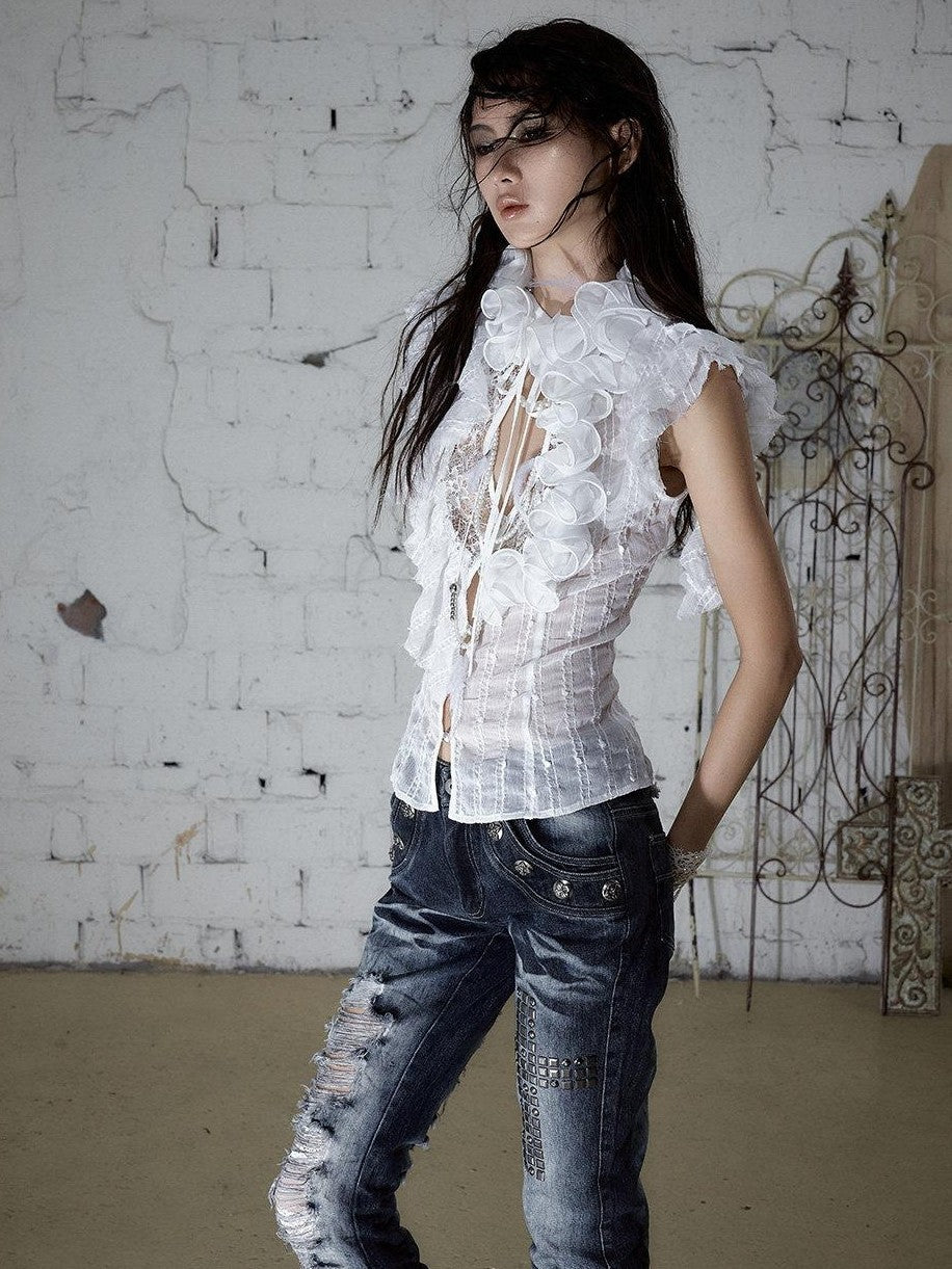 NO ROMANCE Regal Ruffled Sequin Spliced Tie Neck Cinched Waist Women&