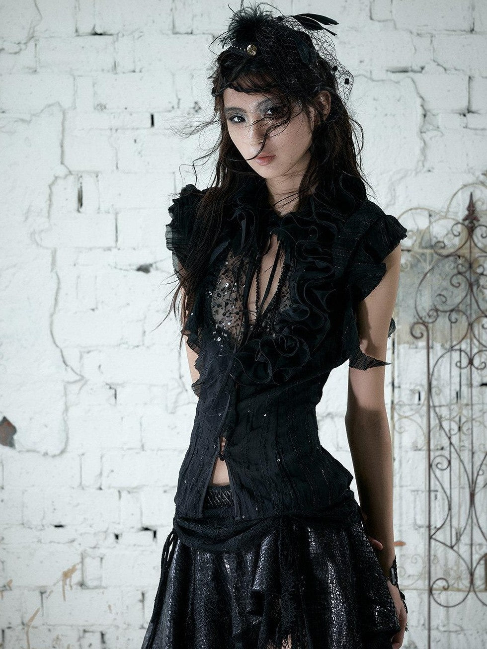 NO ROMANCE Regal Ruffled Sequin Spliced Tie Neck Cinched Waist Women&