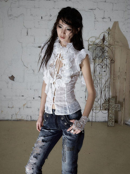 NO ROMANCE Regal Ruffled Sequin Spliced Tie Neck Cinched Waist Women&