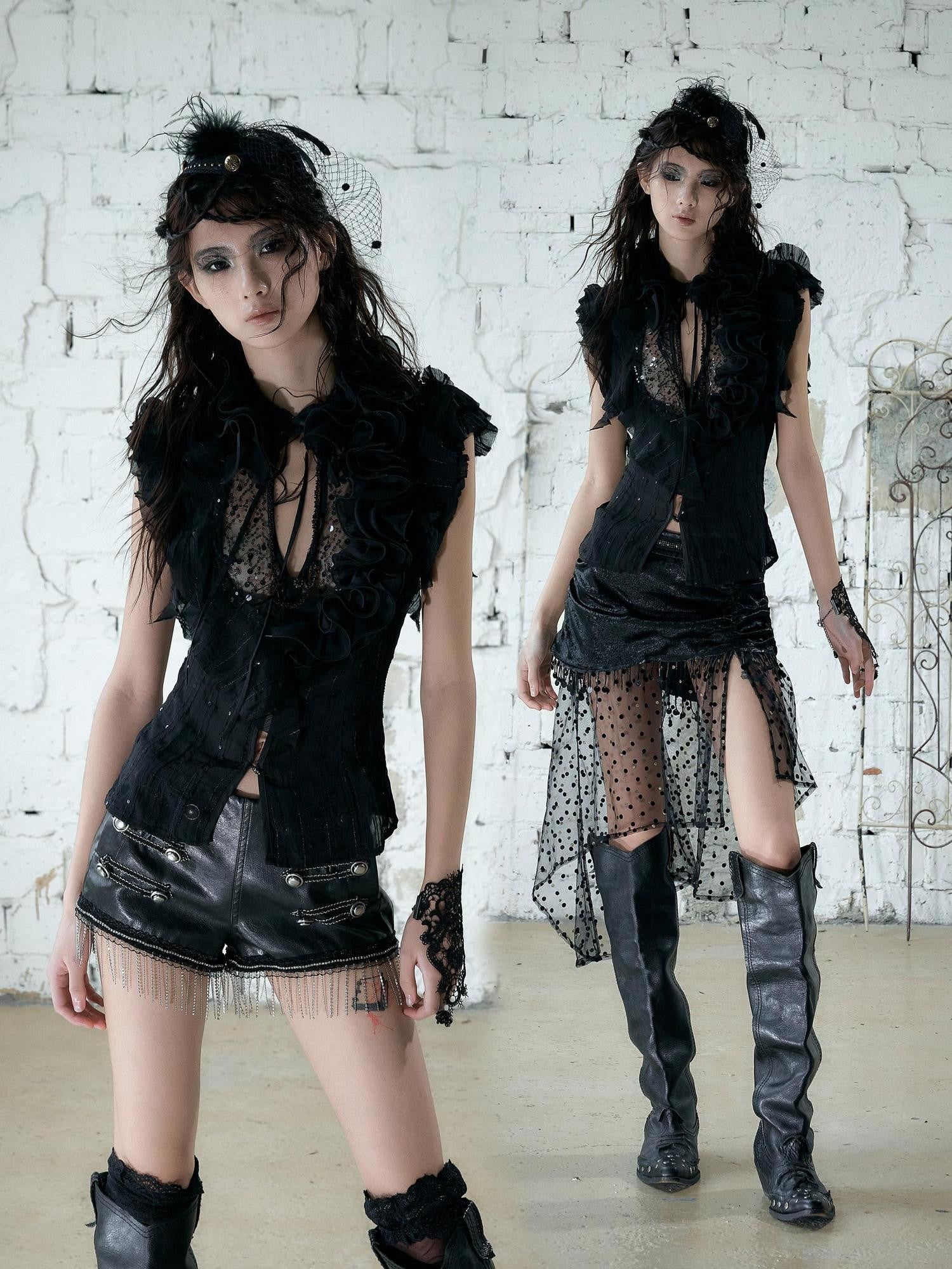 NO ROMANCE Regal Ruffled Sequin Spliced Tie Neck Cinched Waist Women&