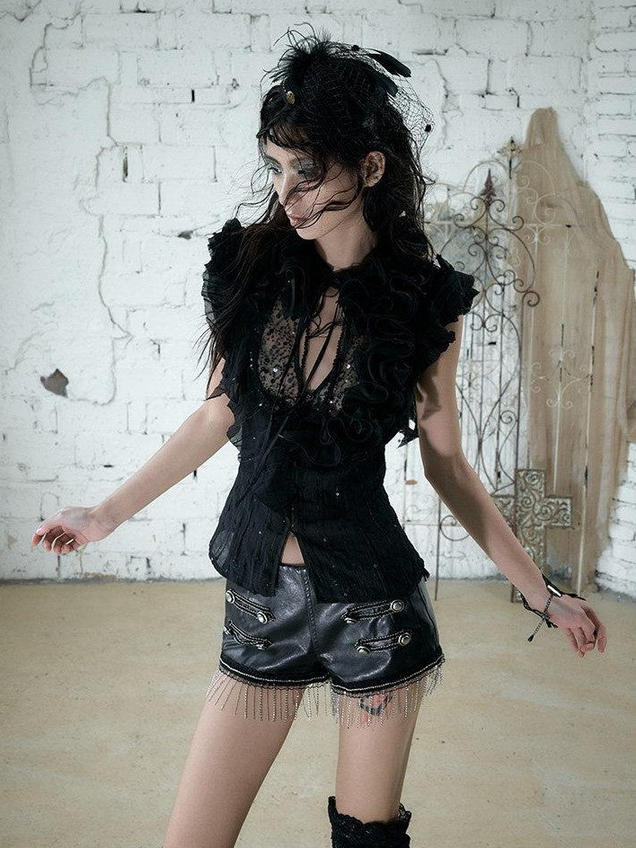NO ROMANCE Regal Ruffled Sequin Spliced Tie Neck Cinched Waist Women&