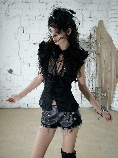 NO ROMANCE Regal Ruffled Sequin Spliced Tie Neck Cinched Waist Women&
