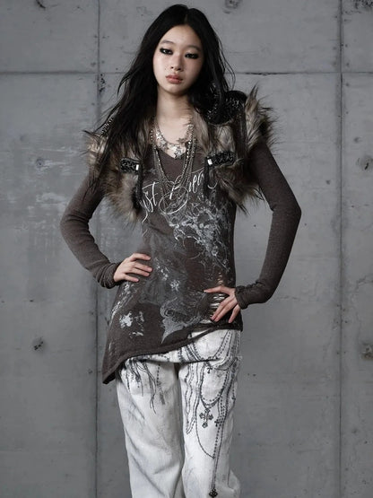 NO ROMANCE Reversible Ripped Punk Style V Neck Slim Fit Long Sleeve Women Graphic T-Shirt