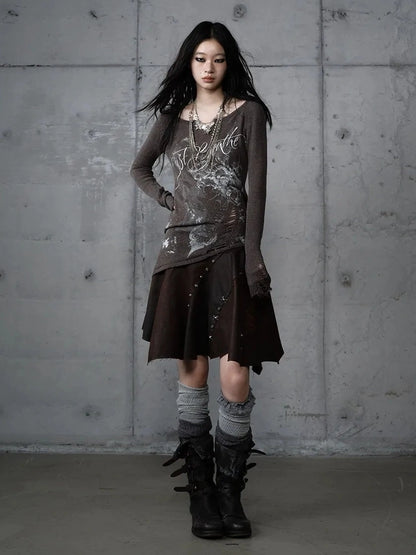 NO ROMANCE Reversible Ripped Punk Style V Neck Slim Fit Long Sleeve Women Graphic T-Shirt