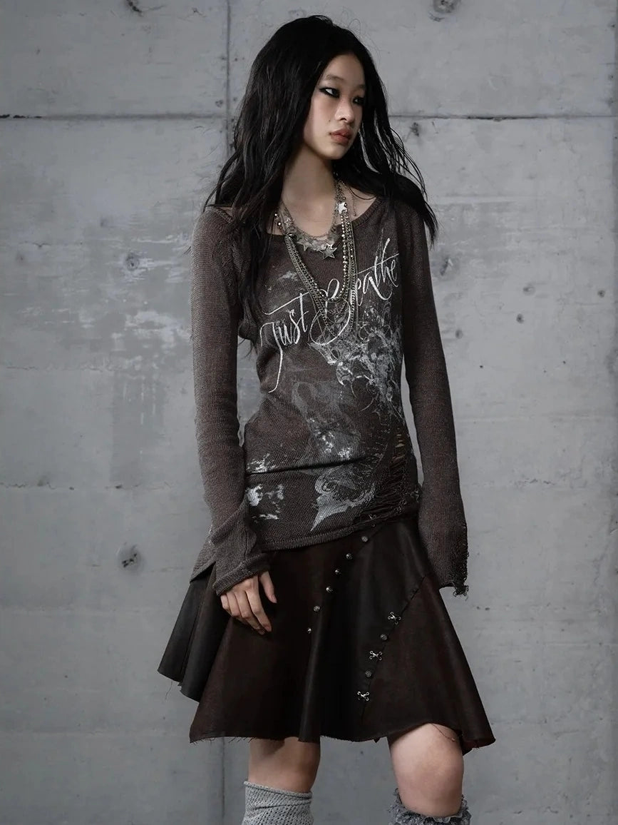 NO ROMANCE Reversible Ripped Punk Style V Neck Slim Fit Long Sleeve Women Graphic T-Shirt