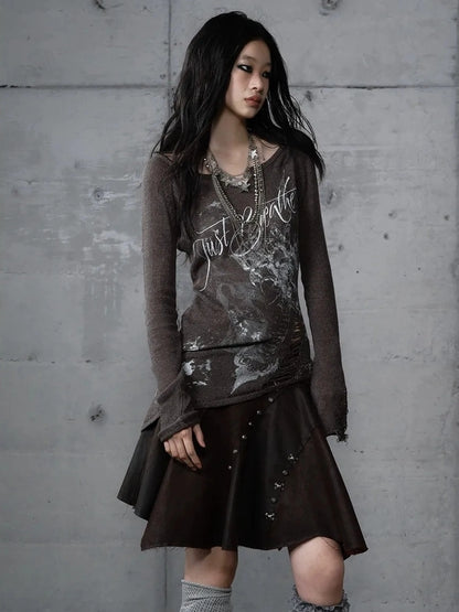 NO ROMANCE Reversible Ripped Punk Style V Neck Slim Fit Long Sleeve Women Graphic T-Shirt