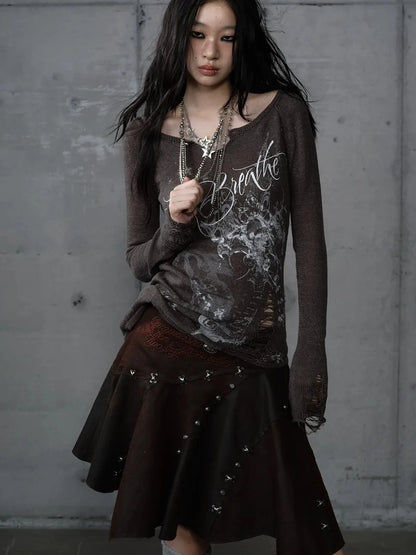 NO ROMANCE Reversible Ripped Punk Style V Neck Slim Fit Long Sleeve Women Graphic T-Shirt