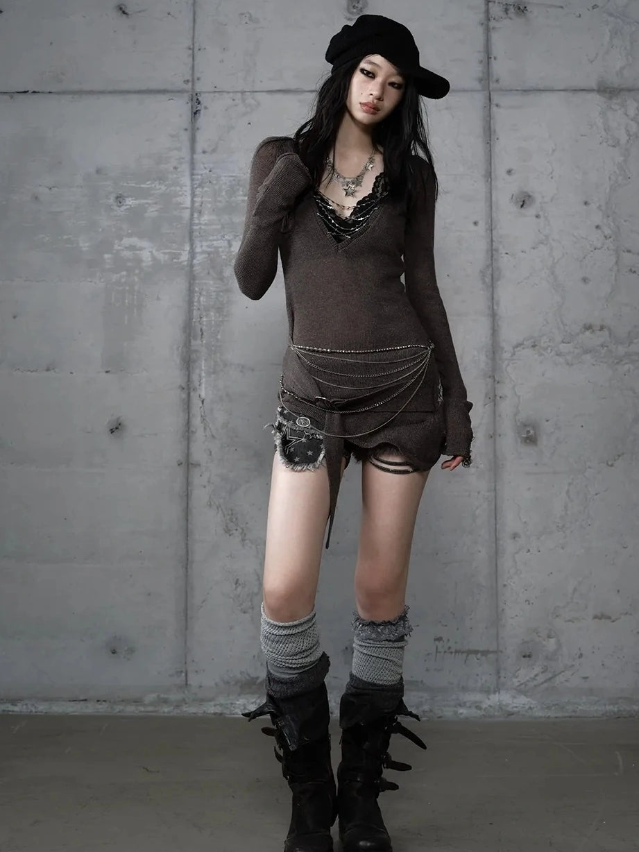 NO ROMANCE Reversible Ripped Punk Style V Neck Slim Fit Long Sleeve Women Graphic T-Shirt