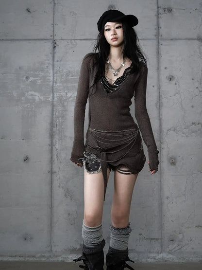 NO ROMANCE Reversible Ripped Punk Style V Neck Slim Fit Long Sleeve Women Graphic T-Shirt