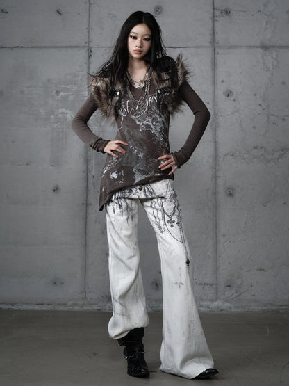 NO ROMANCE Reversible Ripped Punk Style V Neck Slim Fit Long Sleeve Women Graphic T-Shirt