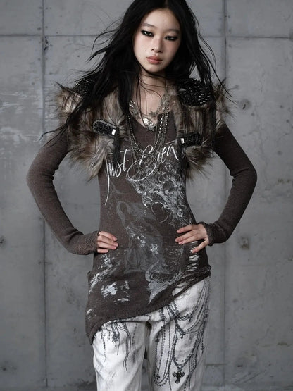 NO ROMANCE Reversible Ripped Punk Style V Neck Slim Fit Long Sleeve Women Graphic T-Shirt