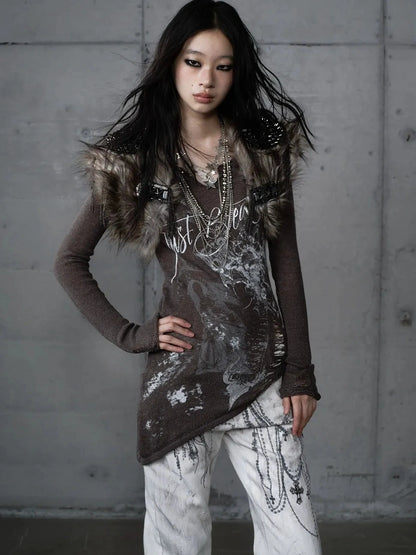 NO ROMANCE Reversible Ripped Punk Style V Neck Slim Fit Long Sleeve Women Graphic T-Shirt