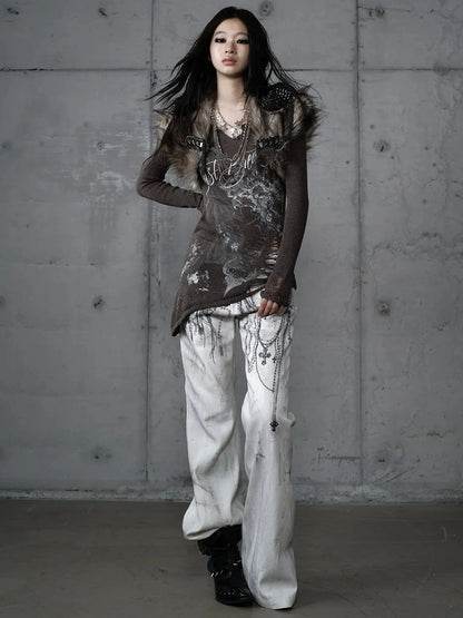 NO ROMANCE Reversible Ripped Punk Style V Neck Slim Fit Long Sleeve Women Graphic T-Shirt