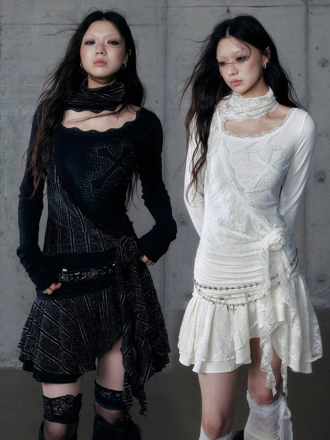 NO ROMANCE Rhinestone Embellished Vintage Long Sleeve A Line Women Asymmetrical Hem Dresses