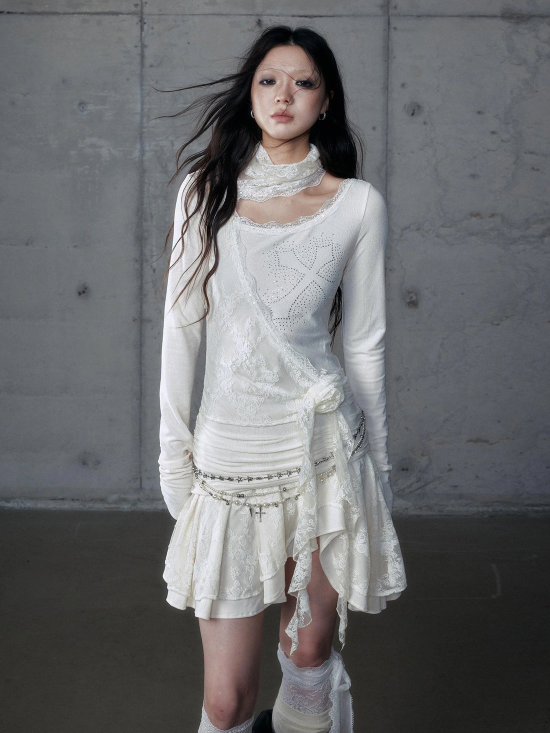 NO ROMANCE Rhinestone Embellished Vintage Long Sleeve A Line Women Asymmetrical Hem Dresses