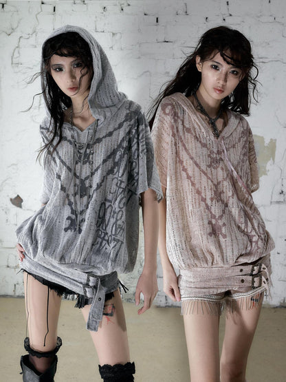 NO ROMANCE Ripped Printed Hooded Batwing Punk Women&