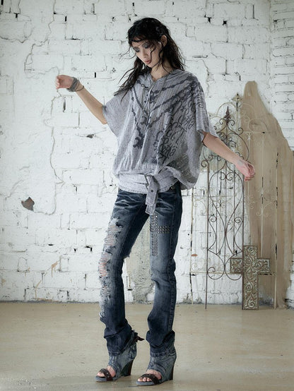 NO ROMANCE Ripped Printed Hooded Batwing Punk Women&