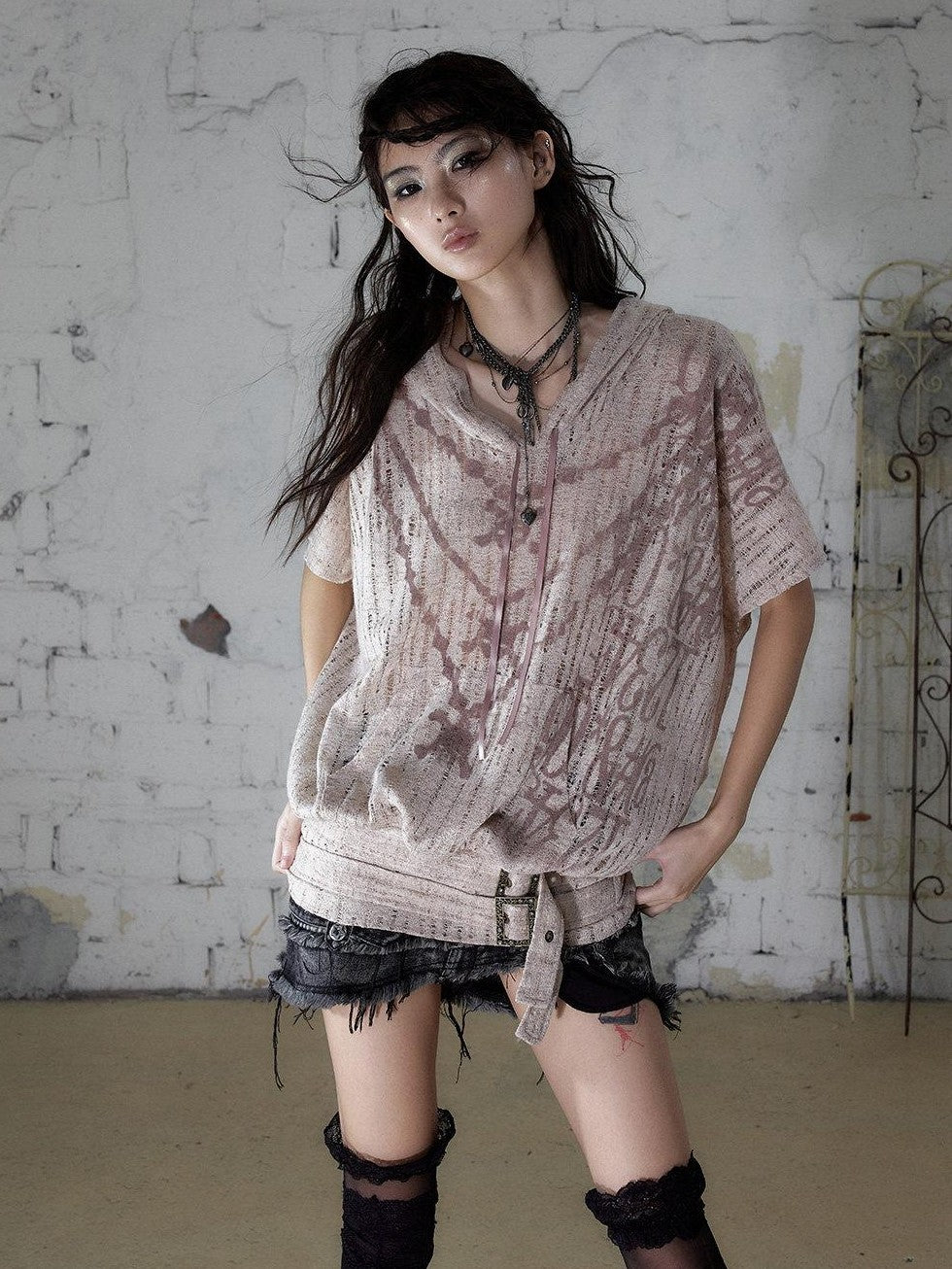 NO ROMANCE Ripped Printed Hooded Batwing Punk Women&