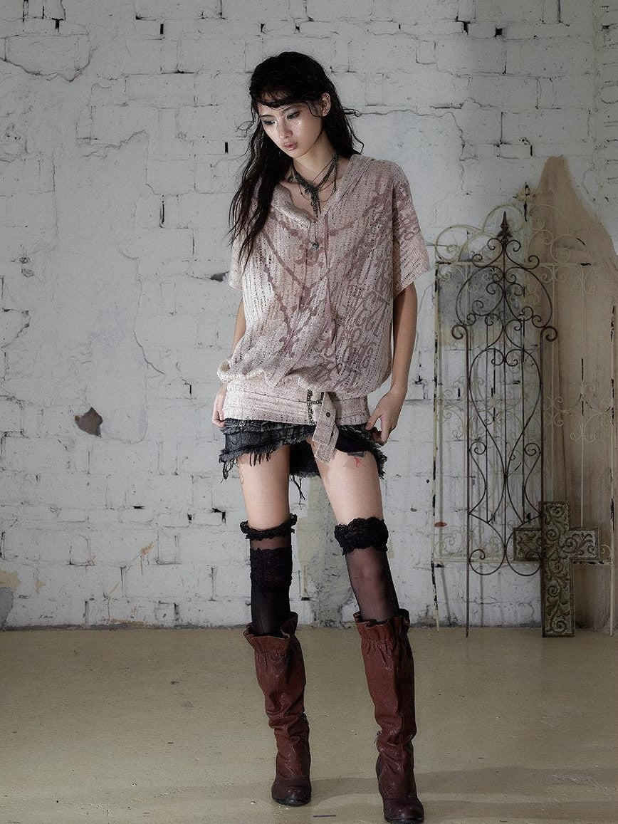NO ROMANCE Ripped Printed Hooded Batwing Punk Women&