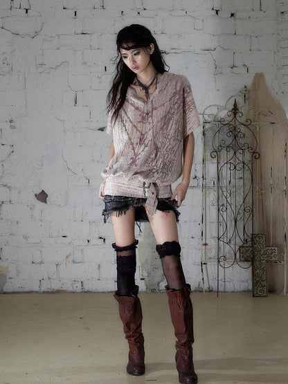 NO ROMANCE Ripped Printed Hooded Batwing Punk Women&