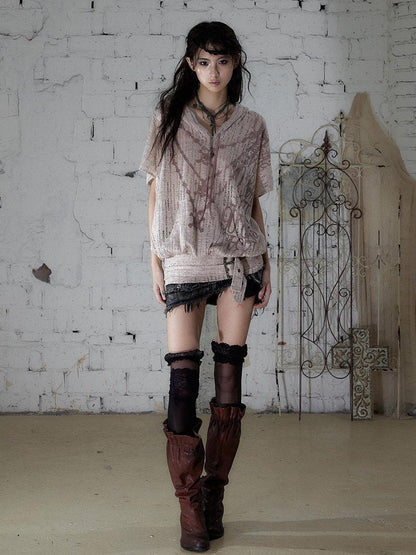 NO ROMANCE Ripped Printed Hooded Batwing Punk Women&
