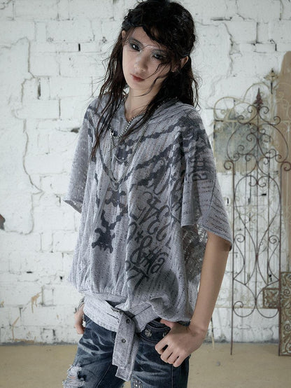 NO ROMANCE Ripped Printed Hooded Batwing Punk Women&