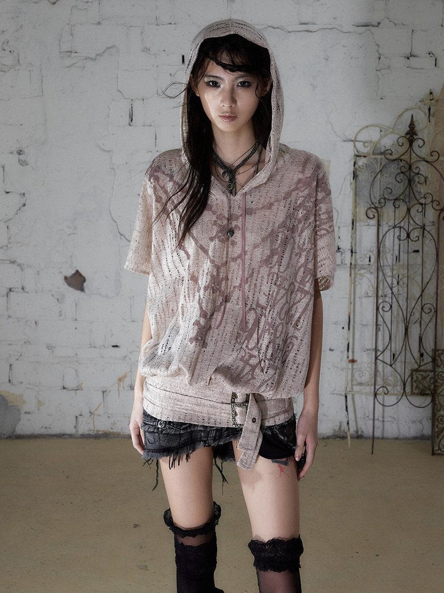 NO ROMANCE Ripped Printed Hooded Batwing Punk Women&