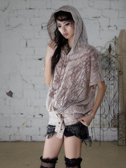 NO ROMANCE Ripped Printed Hooded Batwing Punk Women&