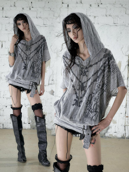 NO ROMANCE Ripped Printed Hooded Batwing Punk Women&