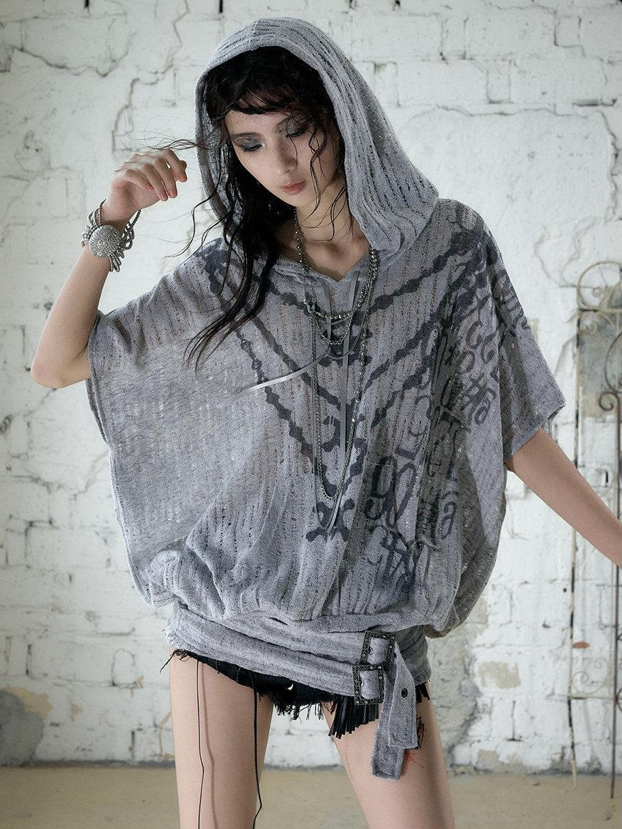 NO ROMANCE Ripped Printed Hooded Batwing Punk Women&