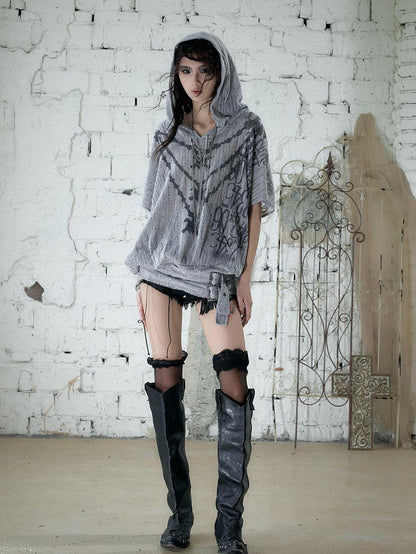NO ROMANCE Ripped Printed Hooded Batwing Punk Women&