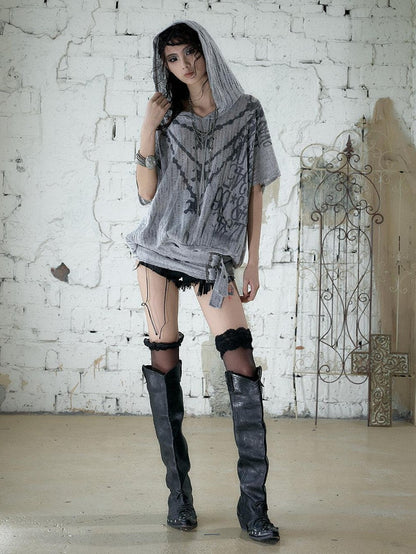NO ROMANCE Ripped Printed Hooded Batwing Punk Women&