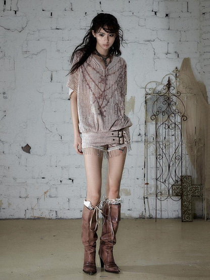 NO ROMANCE Ripped Printed Hooded Batwing Punk Women&