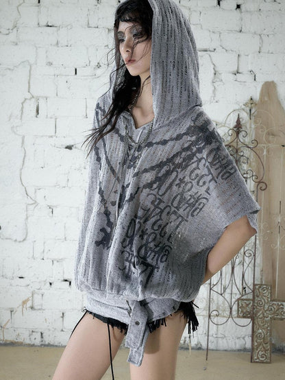 NO ROMANCE Ripped Printed Hooded Batwing Punk Women&