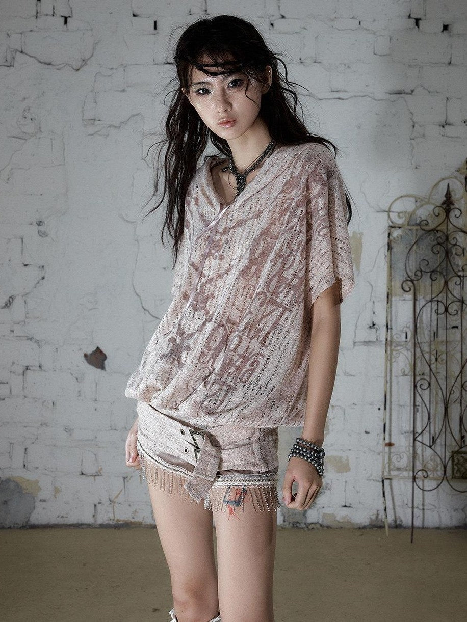 NO ROMANCE Ripped Printed Hooded Batwing Punk Women&