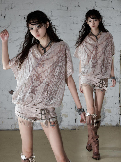 NO ROMANCE Ripped Printed Hooded Batwing Punk Women&