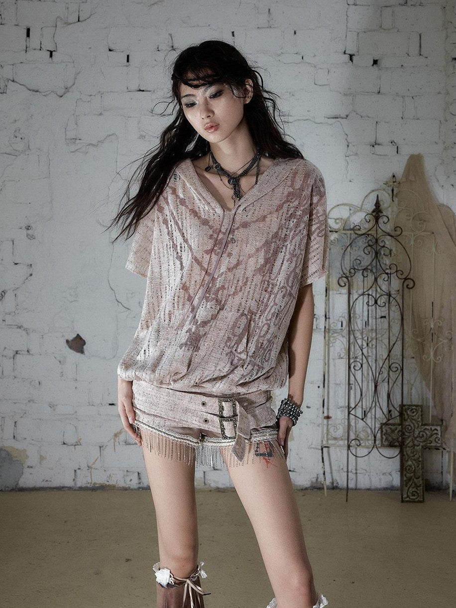 NO ROMANCE Ripped Printed Hooded Batwing Punk Women&