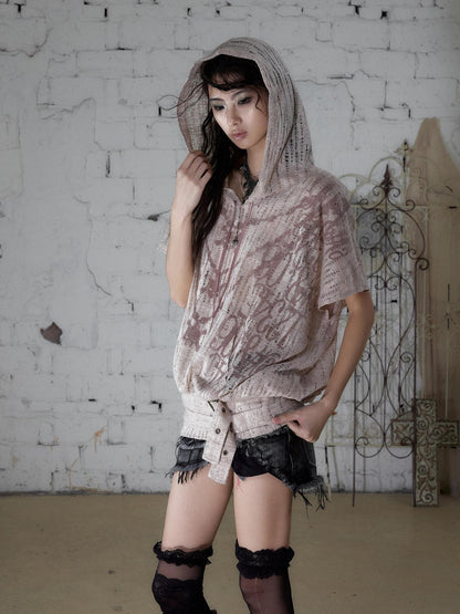 NO ROMANCE Ripped Printed Hooded Batwing Punk Women&