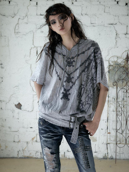 NO ROMANCE Ripped Printed Hooded Batwing Punk Women&