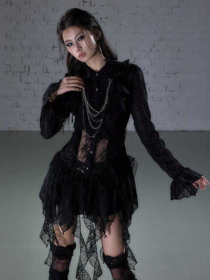 NO ROMANCE Romantic Punk Regal Lace Cutout Asymmetric Women&