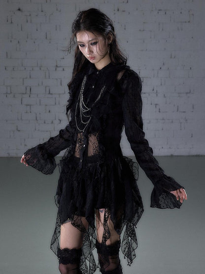 NO ROMANCE Romantic Punk Regal Lace Cutout Asymmetric Women&