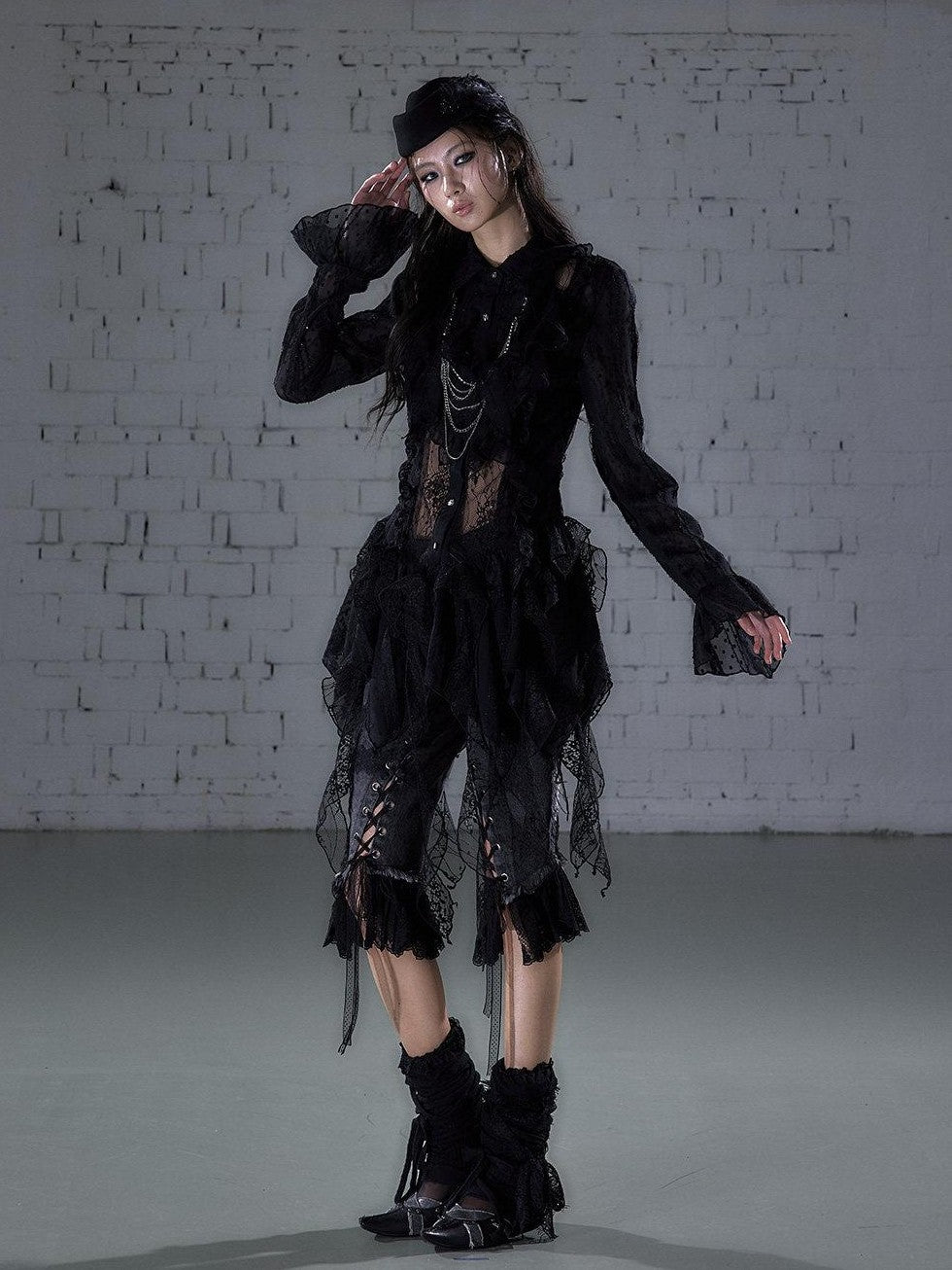 NO ROMANCE Romantic Punk Regal Lace Cutout Asymmetric Women&