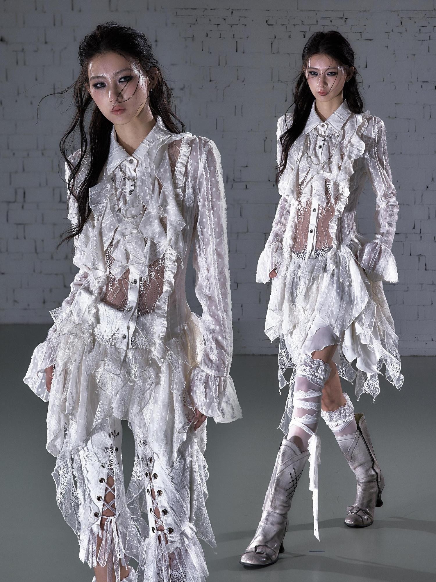 NO ROMANCE Romantic Punk Regal Lace Cutout Asymmetric Women&