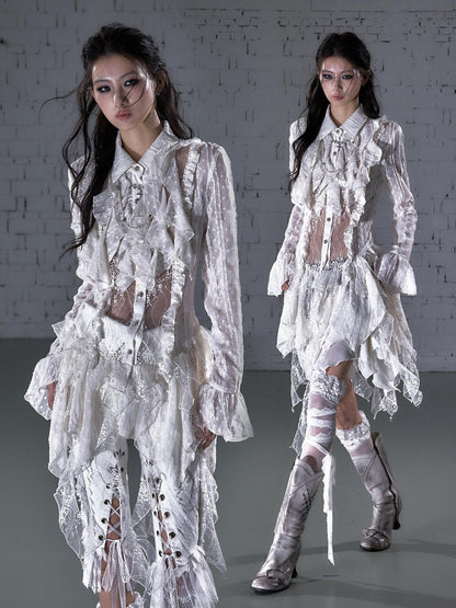 NO ROMANCE Romantic Punk Regal Lace Cutout Asymmetric Women&